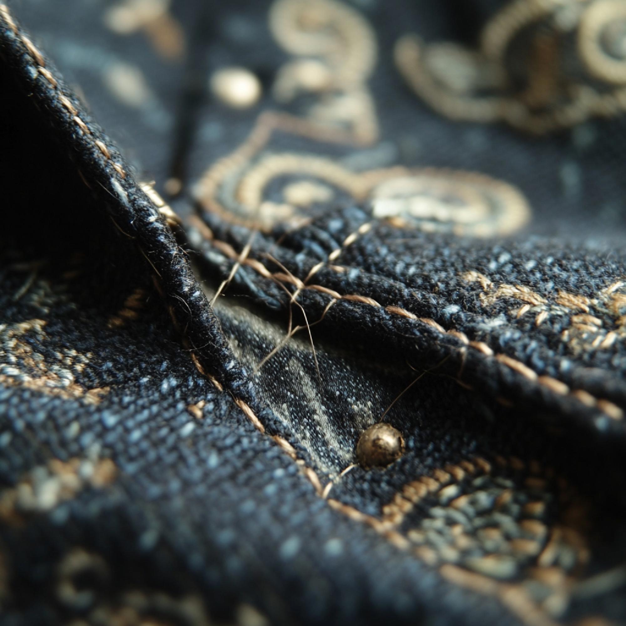 Detale haftu jedwabnego na granatowej tkaninie